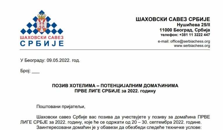 JAVNI POZIV POTENCIJALNIM DOMAĆINIMA PRVE LIGE SRBIJE 2022
